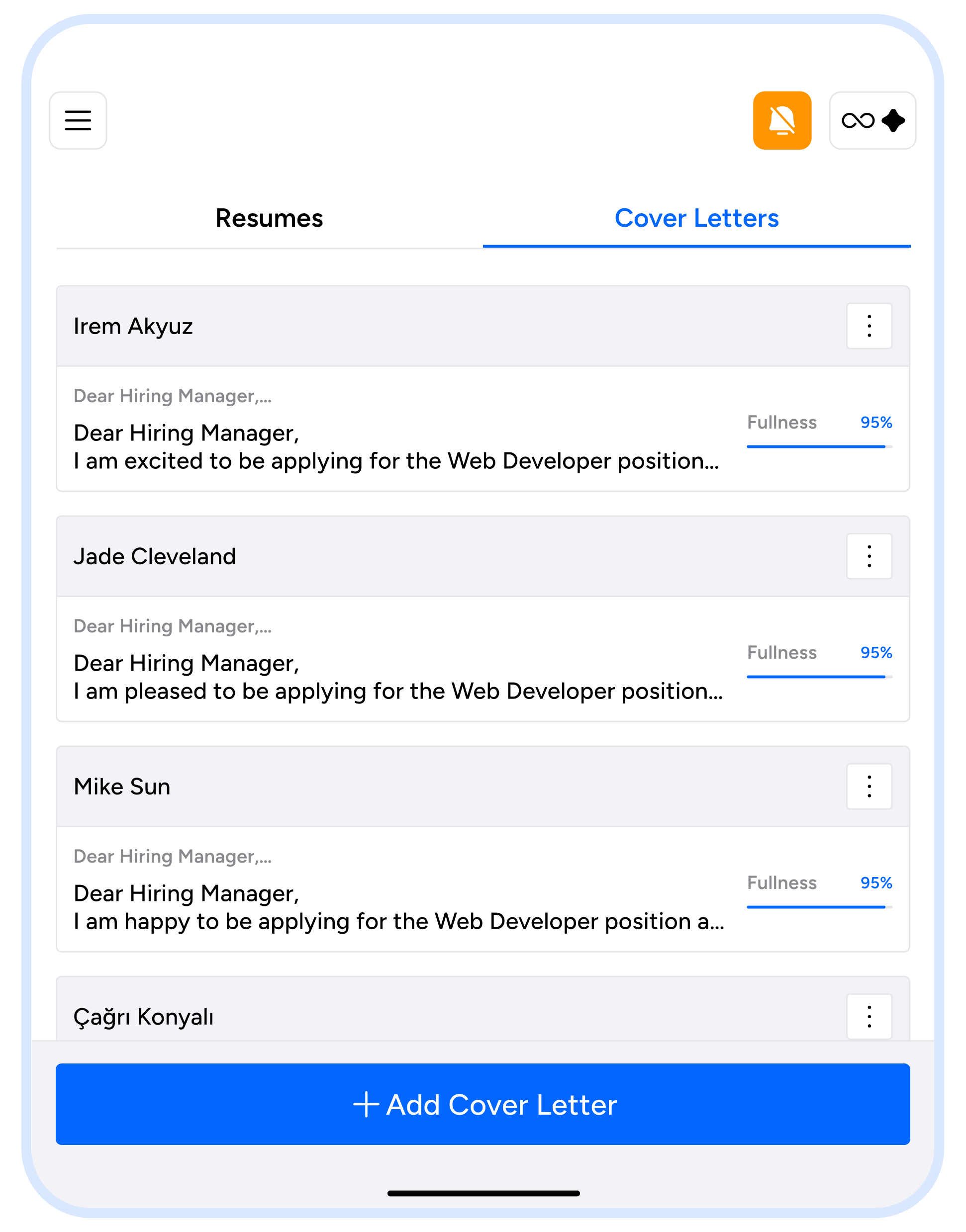 Cover letters and resumes organized in Resume Maker app