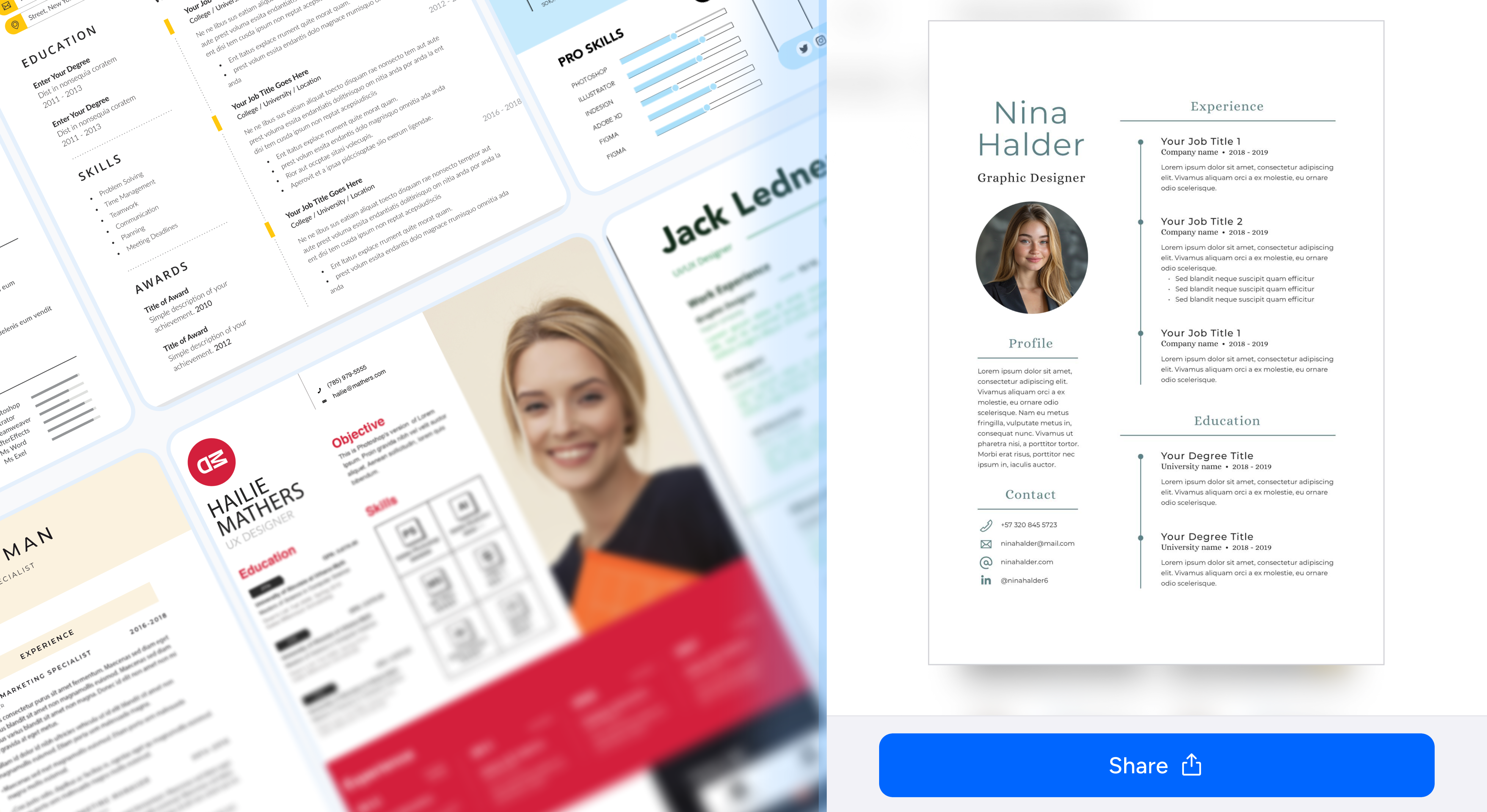 Resume Maker app interface showing resume builder with professional templates